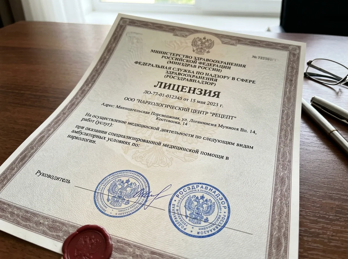 Документ — Медицинская лицензия Росздравнадзора на осуществление наркологической деятельности, официальный бланк с печатью и подписью