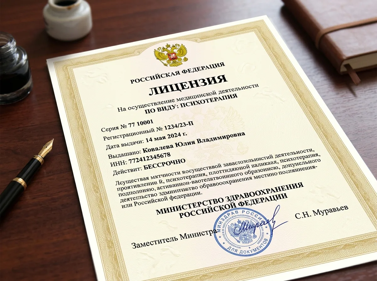 Документ — Лицензия на психотерапевтическую деятельность, официальный государственный документ с гербом РФ